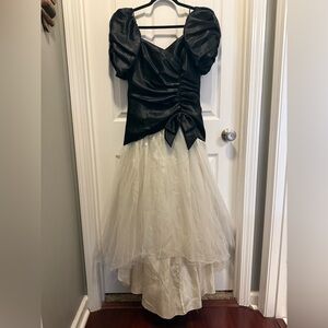 Vintage 80s Dress Prom Bridesmaids Black White Puff Sleeve Maxi Bow